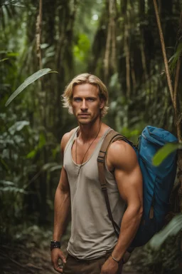 Very handsome blond man, 30 years old, elegant, athletic build, perfect face, blue eyes, fulfilling challenges of courage in a dangerous jungle, suffering and bleeding wearing dirty and tattered clothes