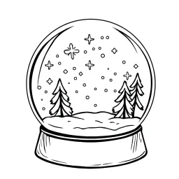 A black and white cute drawing of a magical snowglobe. Only outline, white background,for kids