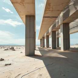 Photograph, wasteland, bright reflective aluminum cover, limit of the world, pillars, Truman show, brutalist concrete architecture, Bau zone, all'aria aperta, rocce, sky, brutalist, liquid, polvere, red spot, open air museum style, blue wire, apparecchi elettronici, powder, punto, minimalist, details of the dust very accentuated, deep 3d field