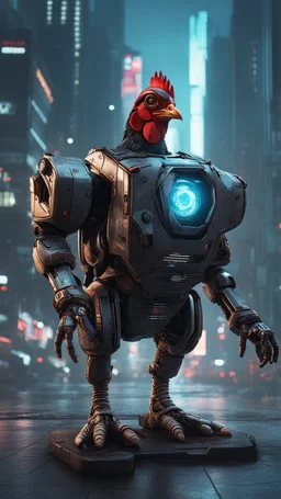 CHICKEN robot, sci-fi, cyberpunk, full body, ultra realistic, virtual reality, cyberpunk city and colors