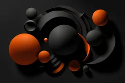 dark grey background with abstract five different orange 3d elements, they are located around the perimeter of the image, and the center of the picture remains empty without any elements
