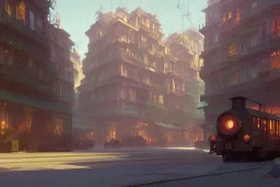 Hanoi train+train corner building +A greengrocer in colorful genoa street+Italian medieval town +Italian city sea+alphonse mucha, greg rutkowski,matte painting, cryengine, hyper detailed, felix kelly, fantasy art, seb mckinnon