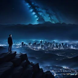 man standing at edge of cliff, overlooking city, at night, clear stars