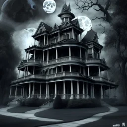 A haunted mansion, ghosts walking around, trending on artstation, black and white, Addams family, stormy weather, full blood moon, gorgeous, beautiful, magnificent, high quality