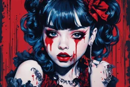 Poster in two gradually, a one side malevolent goth vampire girl face and other side the Singer Melanie Martinez face, full body, painting by Yoji Shinkawa, darkblue and red tones,