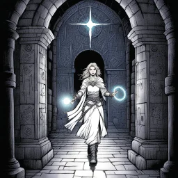 [illustration by Kevin Eastman and Peter Laird] Seraphina walks, light behind her, her face etched with concentration as she guides the group forward with the aid of the glowing key along the passageway walls. "These symbols..." she murmurs, "they're older than anything I've ever seen before. The key pulses in her hand, sending waves of silvery light down the corridor ahead. You notice the shadows seem to recoil from its light, as if in fear.