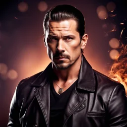 portrait of a 35 year old Handsome, smart gang boss with lightly tanned skin. Tattoos. medium length brown hair slicked back and a goatee beard. mean looking. photorealistic