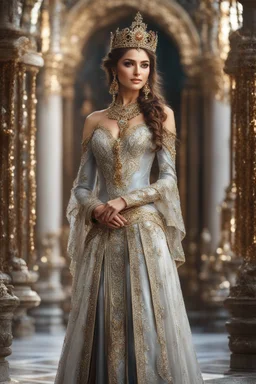 Fullbody excellent pose gorgeous photography art,cinematic realistic colors,soft blur ,natural beauty, of young woman, smiling, beautiful, shiny grey eyes, make up,Queen Persian style, shiny baubles, ornate, large gemstones, shiny molten metalics, shiny wire filigree, brown hair, high definition, walk in luxury castle,