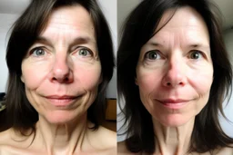 A selfie of a brunette woman, middle short hair, showing a 37-year-old European woman. She has white skin, tousled brown hair, face without makeup, big round dark brown eyes, cute profiled nose, detailed full lips, skin texture. Split screen and show the same face but 15 years older