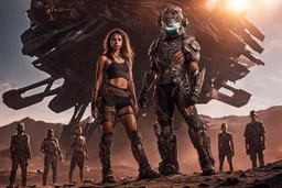 Beautiful girl with rainbow eyes, tribal warrior, strong, resilient, defiant, full body, with family of 5 beside her, defending, Masterpiece, best quality, cinematic lighting, futuristic, standing in front of crashed spaceship, tough stance.