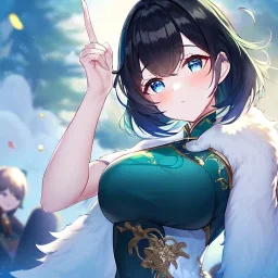 Clear focus,High resolution, Black short fluffy hair, and blue eyes, wearing a Chinese Traditional outfit dark green with black, Blushing, Hand up, white fur around her neck