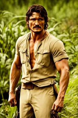 fighting hot man fighting in the hunger games, slaughtering his enemies, mix with pedro pascal