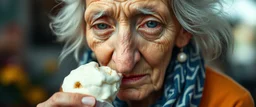 close up portrait of the sweetest soulfull magical old woman with no makeup eating ice cream with her big pointy nose