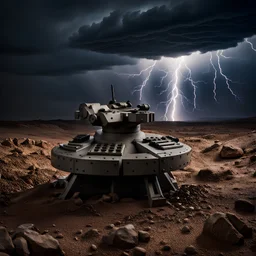 machine gun turret, storm at night, rocky ground
