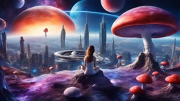 beautiful women sitting withoutt bro, on blue, red, purple mushroom in space, city of the future at the back ground planets above, space ships, hyper realistic.