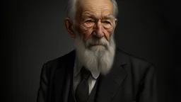 An elderly man, his face lined with wrinkles and framed by a thick, graying beard. He wears a well-pressed black suit, the kind that seems to have been tailored specifically for him. A crisp, white shirt is tucked neatly into the suit pants, and a black tie is expertly knotted around his neck. His posture is stooped, and he holds a cane in one hand to steady himself as he walks. A pair of round glasses perch on the bridge of his nose, magnifying his kind, wise eyes. Despite his age