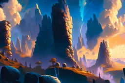 A fantasy painting of mysterious anomalies in the sky surrounded by hovering rocks, a beautiful landscape in the style of Michael Whelan, energy surge, serene countryside, lush forests, soaring mountains, impressive detail, sunset, high resolution, 4K, 8K, masterpiece