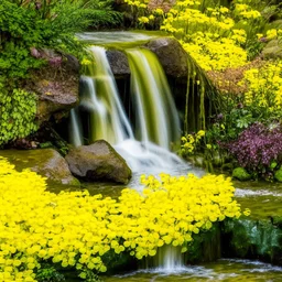 A small waterfall surrounded with yellow flowers and bushes