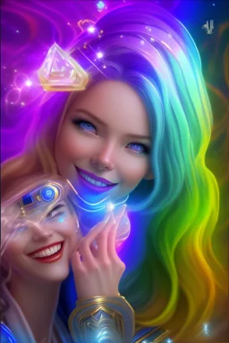 cosmic woman smile, admiral from the future, one fine whole face, crystalline skin, expressive blue eyes,rainbow, smiling lips, very nice smile, costume pleiadian, Beautiful tall woman pleiadian Galactic commander, ship, perfect datailed golden galactic suit, high rank, long blond hair, hand whit five perfect detailed finger, amazing big blue eyes, smilling mouth, high drfinition lips, cosmic happiness, bright colors, blue, pink, gold, jewels, realist, high commander,