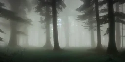 Deep forest with tall trees, misty, light rays, day time, bushes