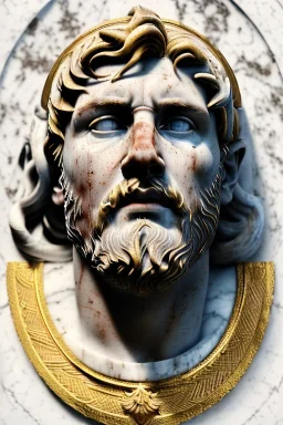 Ultra Realistic image, Roman sculpture, white marble material, Lionel Messi, gold Laurel leaves wreath, renaissance ornaments, radial gold lines, one gold star in heart, sun ornament, blue background, chisel style, waist up portrait, emperor style, epic, celestial, cinematic lighting, God light, god rays, 4k resolution, smooth details, ornate details, soft lighting, unreal engine 5, art station, substance 3d.