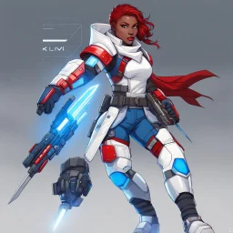 This illustration depicts a futuristic female warrior dressed in lightweight combat gear that blends technological aesthetics with fashion elements. The character wears a white jacket adorned with red armor plates, emphasizing protection and agility. A cropped blue tactical vest and denim shorts convey dynamism and strength. The gear includes knee pads, a tactical belt, and multifunctional gloves, highlighting combat readiness. The headgear features goggles and a communication device, enhancing