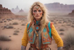 Beautiful blonde brown woman with freckles, wearing a colorful, vibrant, detailed embroidered costume, medium-full shot, in misty Arizona Badlands, gilet jaune, Smokey fluo, by Moebius