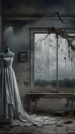 An old dusty wedding dress hanging on the wall by a cloths hanger by a needle of an abandoned room in front of broken glass stormy foggy sky in the background, Bosch painting style, sad and tragic and dark scenes