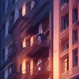 a man pushing a woman over a balcony, downtown new york at night, dramatic, dramatic lighting, volumetric lighting, hyperrealism, 8k, high quality, photorealistic, lot of details