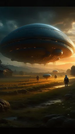 Art by Eugene Garin painting style Crafting a terrifying 8K depiction of an alien starship , hovering above a field with running scared Cows