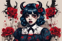 Poster in two gradually, a one side malevolent goth vampire girl face and other side the Singer Melanie Martinez face, full body, painting by Yoji Shinkawa, darkblue and sepia tones, wears a smart shirt which is embroidered with red flowers and ornaments, has dark eyes and horns