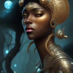 sango fantasy, fantasy magic, intricate, sharp focus, illustration, highly detailed, digital painting, concept art, matte, masterpiece head sexy front view black African beauty space lady black carp skin one head African space night