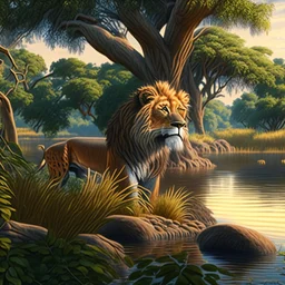 Animated drawing of a hyper-detailed hyper-realistic lion river trees summer 4k