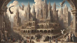 Depiction of an elaborate fantasy cityscape with various architectural styles, including classical and gothic elements, with statues of humans, animals, birds, and mythical figures with multiple levels of buildings.