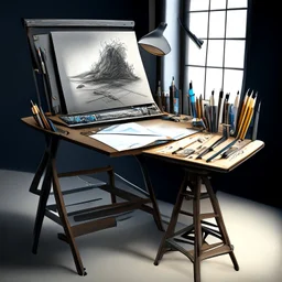 Drawing desk in a realistic art studio. Photo realistic