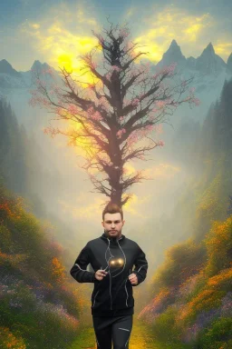 running alien portrait , black jogging suite , in the sunset Alps, golden light , holding leaves and flowers , angels background, volumetric light, high detail, dark leaf tree, dark mountains in background, perfect