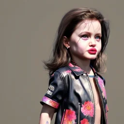 Angelina jolie toddler, full body, leather jacket, floral shirt, floral skirt, shoe, soft skin, dramatic lighting, hyper realistic