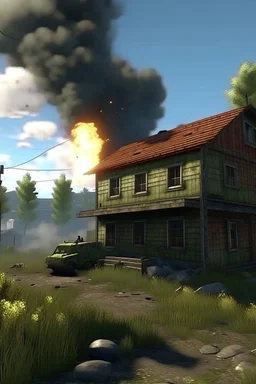 create realistic image of uploaded pic. DAYZ game, red house, explosion