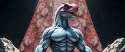 brilliant detailed full figure portrait disco glittery slug alien fluffy muscle man dino anime in the style of Escher and Giger in front of dented marble tower of glitter