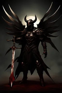 A celestial man with a bare chest, steel pauldrons, and armoured lower half of his body, with who black wings sprouting from his back. A long halberd of oak wood and black iron with a strange malevolent aura radiating from the weapon. His face is obscured by a blood slattered mask as he short hair is covered by a cowl