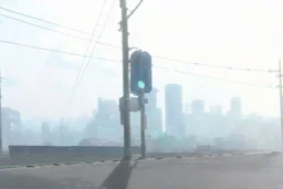 Smokey cyberpunk cityscape, dystopian