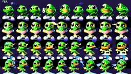 game sprite sheet of 30 images of stylized frog, view from six different angles covering 360°, collection sheet, arcade game, digital art