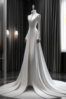 Luxurious white wedding dress made of very long white leather