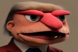 Angry muppet trump in suit, no tongue, looking forward, face, smaller, round puffball nose, eyebrows,