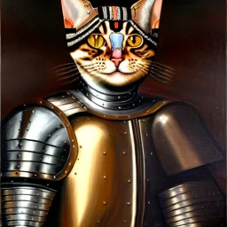 oil painting of a beautiful symmetrical cat with armor, XV century, by El Bosco, Leonardo da Vinci, Goya 8k