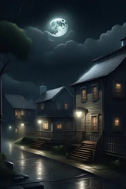 A residential town in which a number of houses are almost deserted. Rain falls in the moonlight