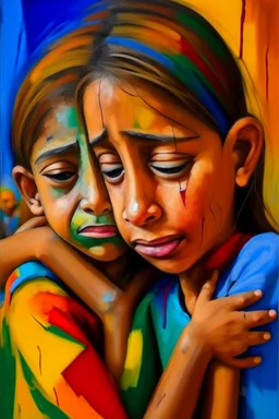 a girl hug her brother and both crying sadly, expressionism, Pixar style, in abstract art Basquiat, Picasso, Miro, Kandinsky, Klee, Birell, Fairey, Ardon, Buffet and Picasso style, HD --s 750 --v 5.1 --style raw, water color