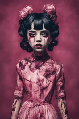 full color, illustration of a darkred and pink tones, menacing, Singer Melanie Martinez face, as a decayed, broken, skin turned translucent, black veins that extended like roots beneath her skin, latex suit, crude homemade cloth doll toy, with a narrow cracked porcelain face, thick dark eyebrows, hair in two gradually, made from ragged strips of cloth, in the style of Alex Pardee, Tim Burton, and Nadya Sheremet