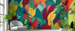 Generate a mural with abstracted botanical elements, blending organic shapes and vibrant colors for a lively and natural ambiance.