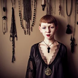 Realistic photo Russian shorthair tomboy with black magic amulet on the neck boyish face men's look boys face boylike in lacy girlish nightgown in girlish room with amulets of black magic and symbols of evil forces on the wall